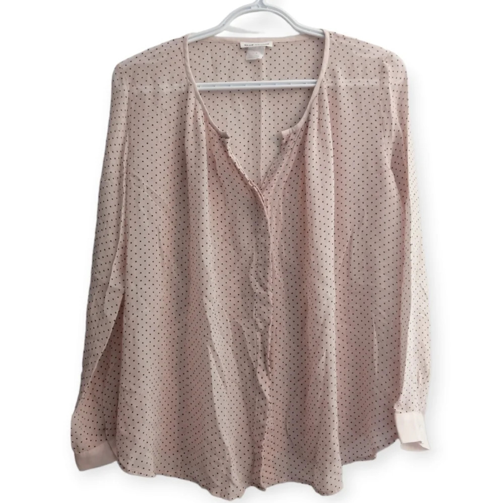 Club Monaco 100% Silk Semi Sheer Pink Black Polka Dot Button Up Blouse Small